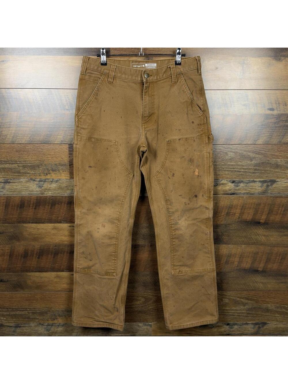Carhartt Relaxed Fit Double Knee Work Pants 32x30 Tan Distressed Paint
